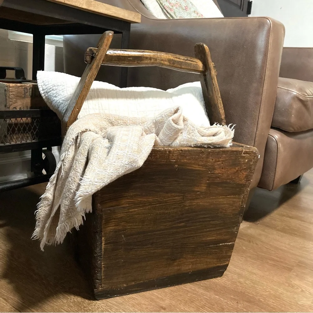 Big Wooden Rice Basket Bucket Rustic Distressed Farmhouse Decor